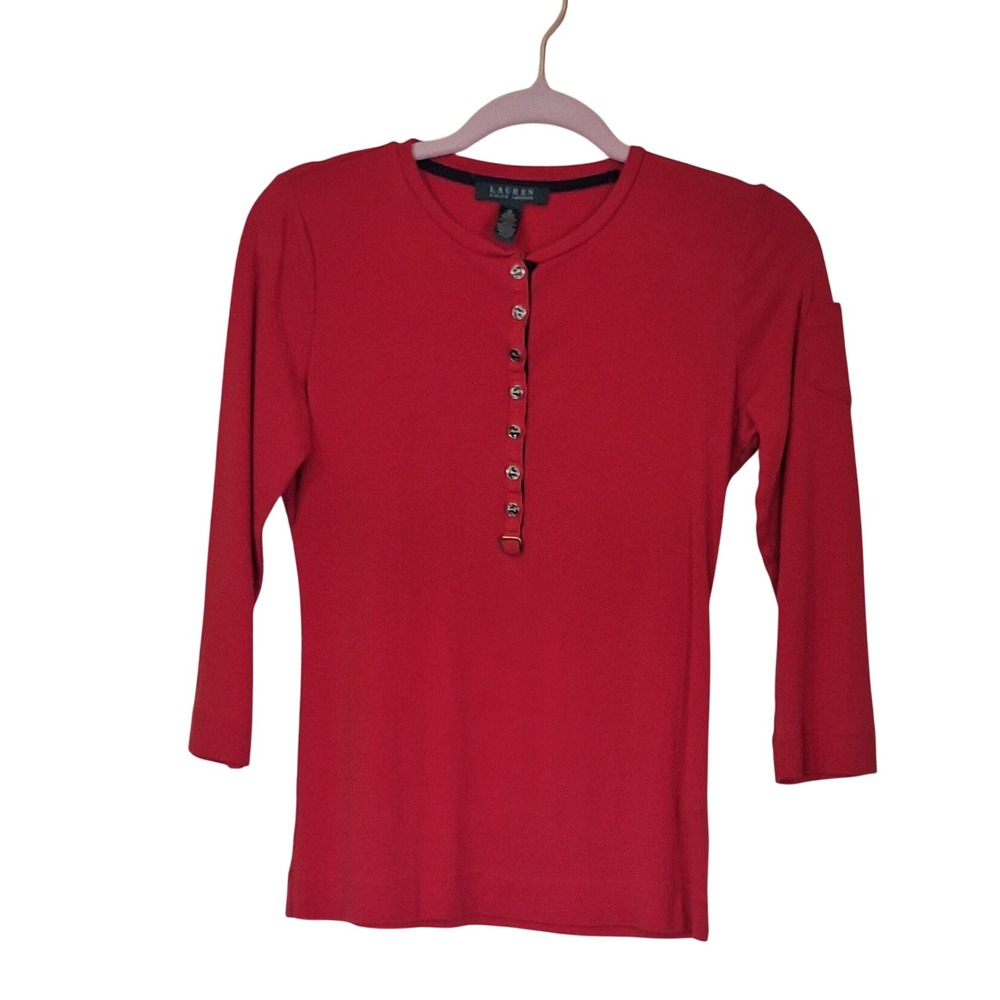 Lauren Ralph Lauren Red‎ Henley Top 3/4 Sleeve Anchor Buttons Cotton Medium